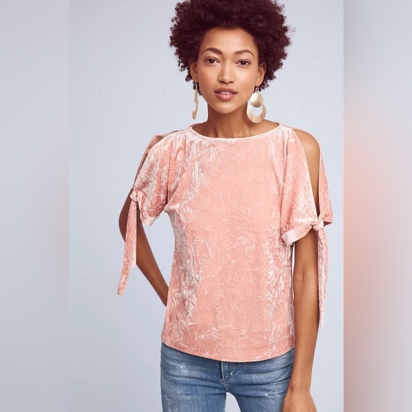 Anthropologie Tops - Maeve by Anthropologie Crushed Velvet Cold Shoulder Blouse Coral spring summer